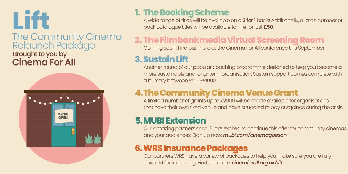 IT'S HERE! LIFT - THE COMMUNITY CINEMA RELAUNCH PACKAGE 🤗🌟
We are so excited to share with you a brand new package designed especially to help volunteer-run cinemas re-open their doors, safely, affordably and with our specialised support and advice! cinemaforall.org.uk/lift-the-commu…