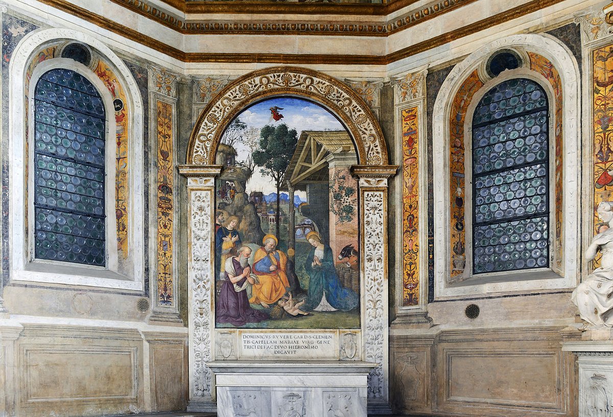 la prima cappella della navata dx è chiamata "Della Rovere"; eretta nel 1488-90 dal cardinale Domenico della Rovere, venne dedicata a San Girolamo. #santamariadelpopolo