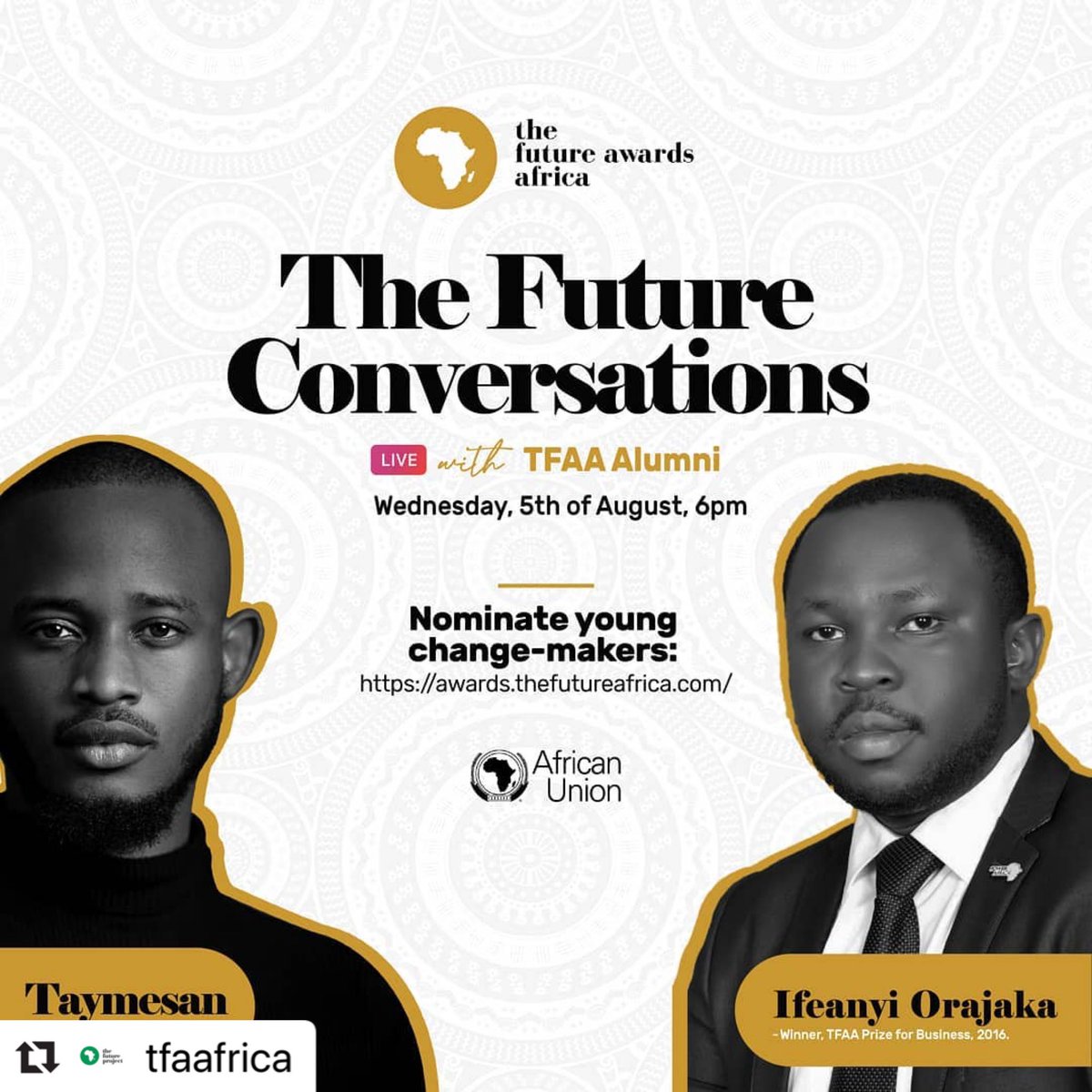 GreenVillageEle's tweet photo. #Repost @tfaafrica with @make_repost
・・・
It’s still #TheFutureConversations and we are excited to have, @Benrajaz, winner TFAA Prize for Business 2016 join our season host @Taymesan_ by 6PM today. https://t.co/NRSbKKwOE7
