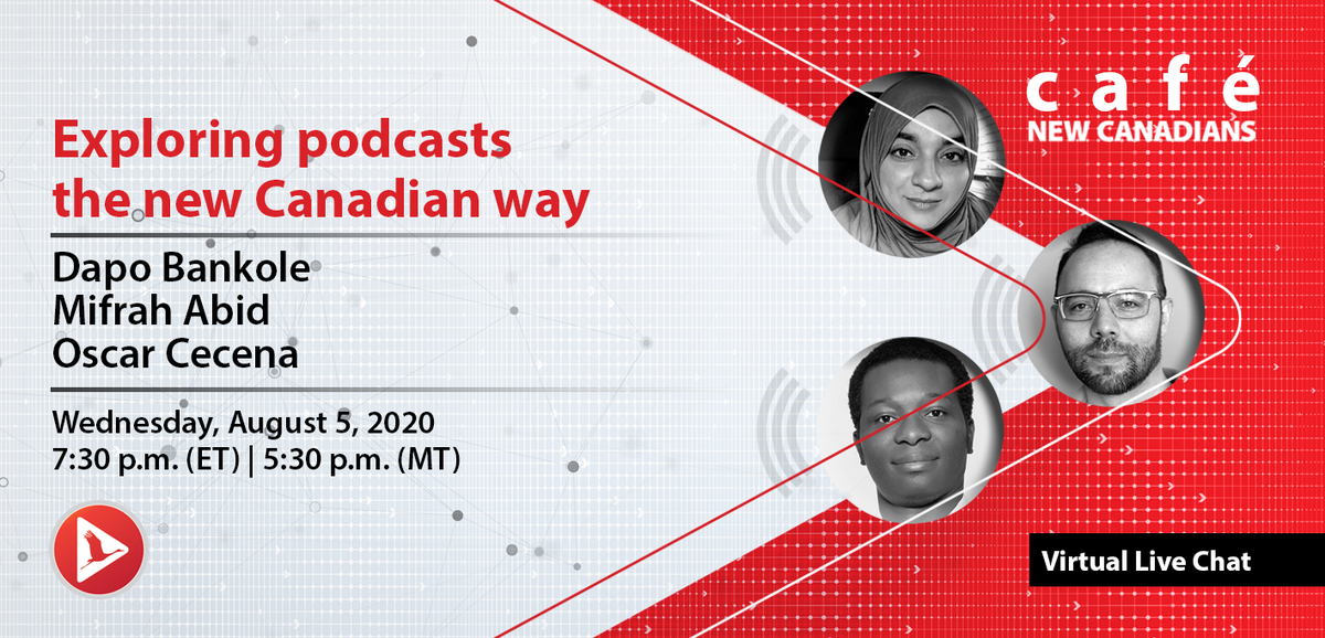 Join #CaféNewCanadians today as we meet <a href="/immigrantlifeCA/">The Immigrant Life</a>, @AcrossHerTable  and Oscar Cecena of <a href="/immigrantsofto/">Immigrants of Toronto</a> to talk about their #Canadian journey and how their podcasts help #newcomers, #immigrants and #internationalstudents thrive in #Canada! loom.ly/9JzOi14