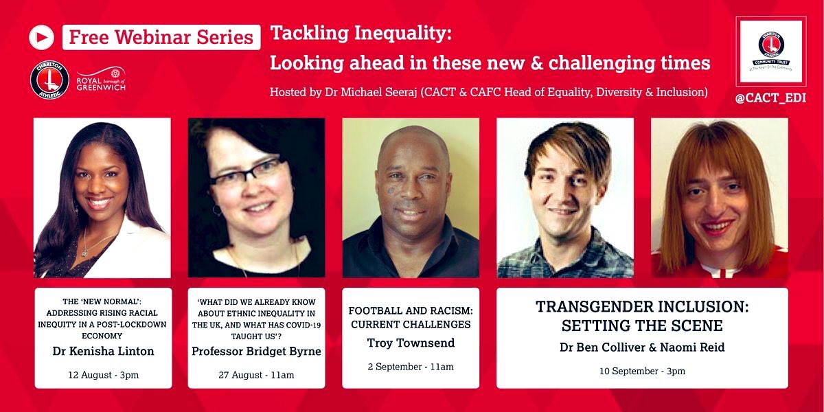 One week today the next series of @CACT_EDI webinars begins :

▶️Race & Inequity
▶️Ethnic Inequality 
▶️Football & Racism
▶️Transgender Inclusion

Sign up now : bit.ly/3gvklJv

#cafc #cact #equality #diversity #inclusion #webinar #tacklinginequality