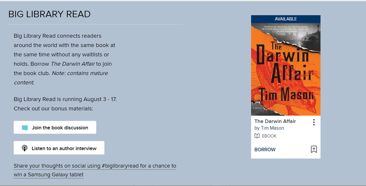 NemiLibrary's tweet image. Join the Big Library Read through OverDrive/Libby

The Darwin Affair by Tim Mason is available in E-book and E-Audiobook format for all user Aug 3 - 17.  Join in the discusssion and listen to the author interview too.  

odmc.overdrive.com