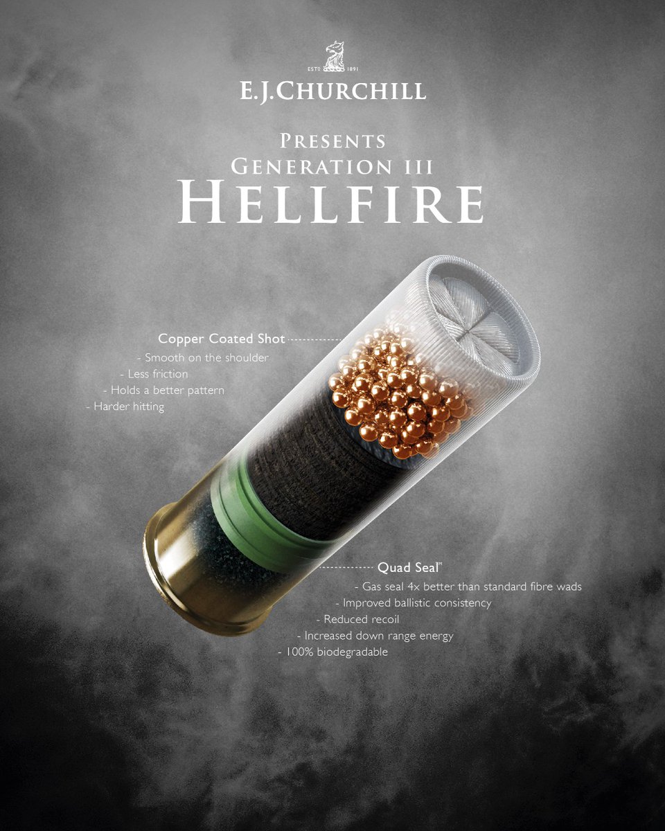 ejcswinton's tweet photo. Introducing the Generation III Hellfire Cartridge, this is the only copper coated cartridge loaded with Gamebore's Quad SealTM. For more information contact us on 01494 883227 or email cartridges@ejchurchill.com #ejchurchill #hellfirecartridge #gamebore https://t.co/AFLpAMX5ZH
