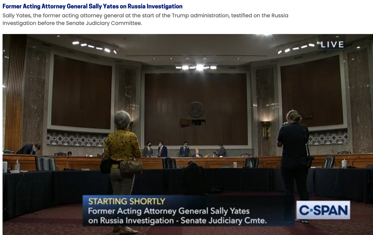 <YATESMAS LIVETWEET THREAD>SALLY YATES TESTIFIES ON THE RUSSIA INVESTIGATION! Looks like she's going to be on video teleconference from Georgia. Sen. Graham comes to order. https://www.c-span.org/video/?474339-1/acting-attorney-general-sally-yates-testifies-russia-investigation