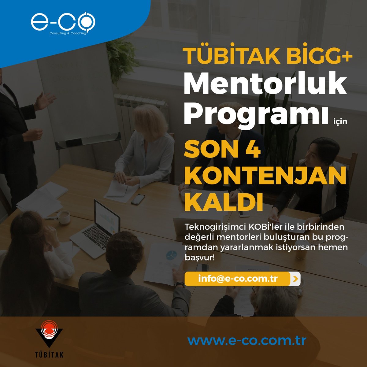 TÜBİTAK BİGG+ Mentorluk Programı için son 4 kontenjan kaldı! Tekno girişimci KOBİ'ler ile birbirinden değerli mentorleri buluşturan bu programdan yararlanmak istiyorsan hemen başvur! info@e-co.com.tr
▪
#TechMentoringInterface #TÜBİTAK #BİGG+ #TEYDEB #Mentorluk #Programı #KOBİ