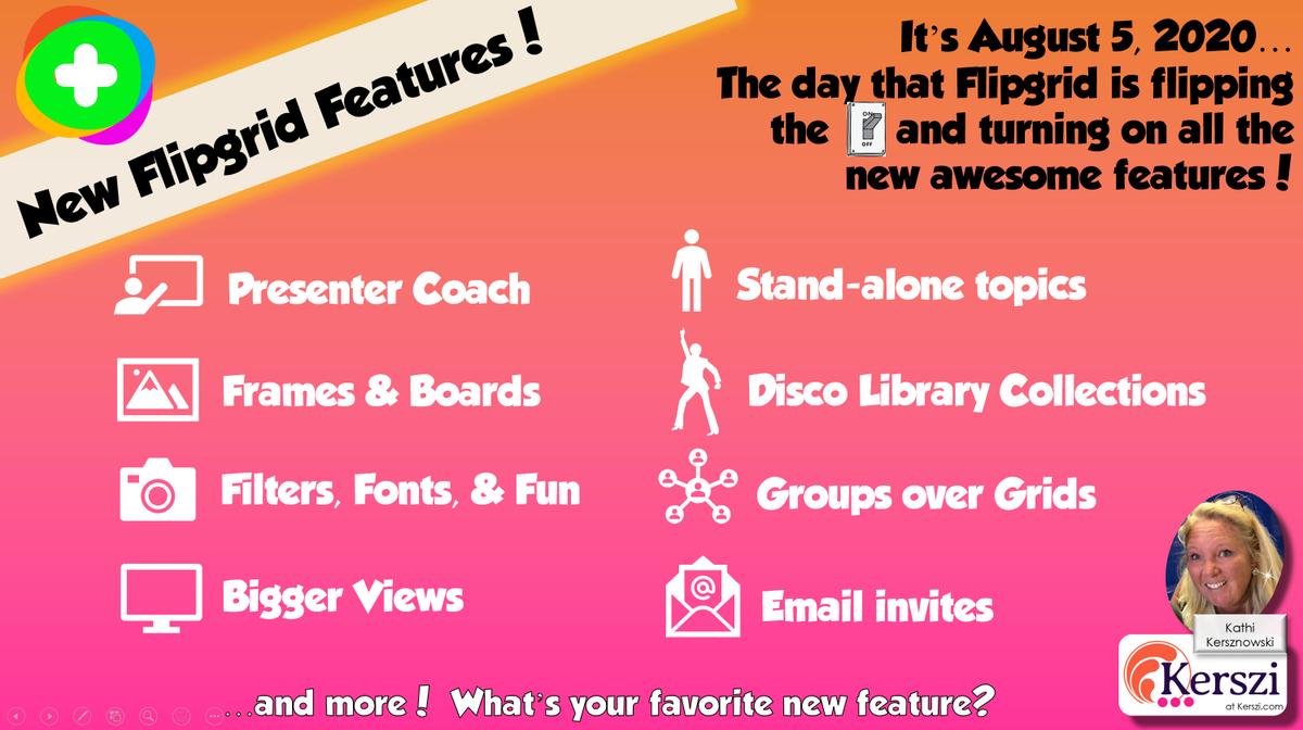 kerszi's tweet photo. It's a #FlipgridForAll day of happiness!

🔌Today's the day that @Flipgrid flipped the switch - they JUST turned on all the exciting new features!
✅ Log in and check it out! 
❓What is YOUR favorite new feature?

#Flipgrid #FlipgridAR #Flipmoji #MicrosoftEdu #MIEExpert https://t.co/Q2SJ0fzBqB