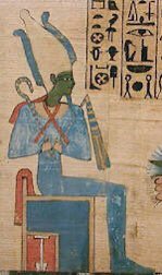 The Atef Crown, associated with Osiris, was worn by Sobek, Heryshef, Satet and other deities when combined with Osiris. It’s composed of a central element much like the Hedjet, woven from plant stems and flanked by two red ostrich feathers.
