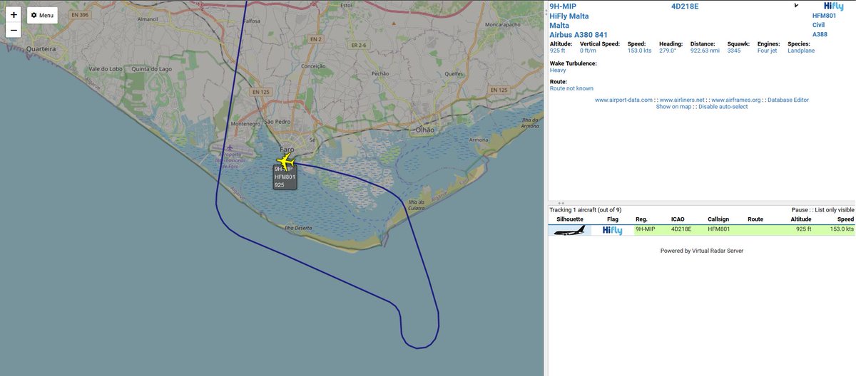 civ_pt's tweet photo. #HiFly 🇲🇹 , A380 , 9H-MIP, performing maintenance functional check flight.
Low pass over Faro International Airport #LPFR
#virtualradarserver #avgeeks #avgeek #planespotting #potn #ADSB https://t.co/ML5pJst304