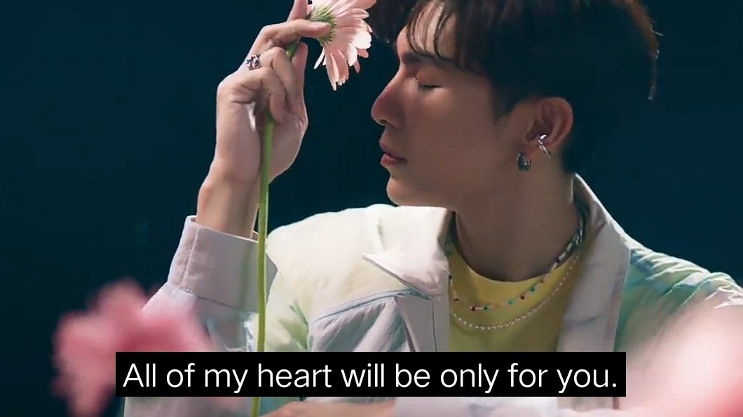 So basically the season of spring is theoretically how Mew actually got to get to know Gulf for the first time. And I'm crying because the lyrics, "all of my heart will be only for you." as he holds ONE flowers close to him, to put it sweetly, it represents how grateful+