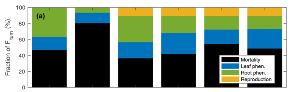 2. The fraction of biomass turnover flux resulting from tree mortality (or branch fall) varied from 37% to 81% depending on the  #TBM. This comes down to getting the right balance of C allocation between woody and soft tissues.4/n