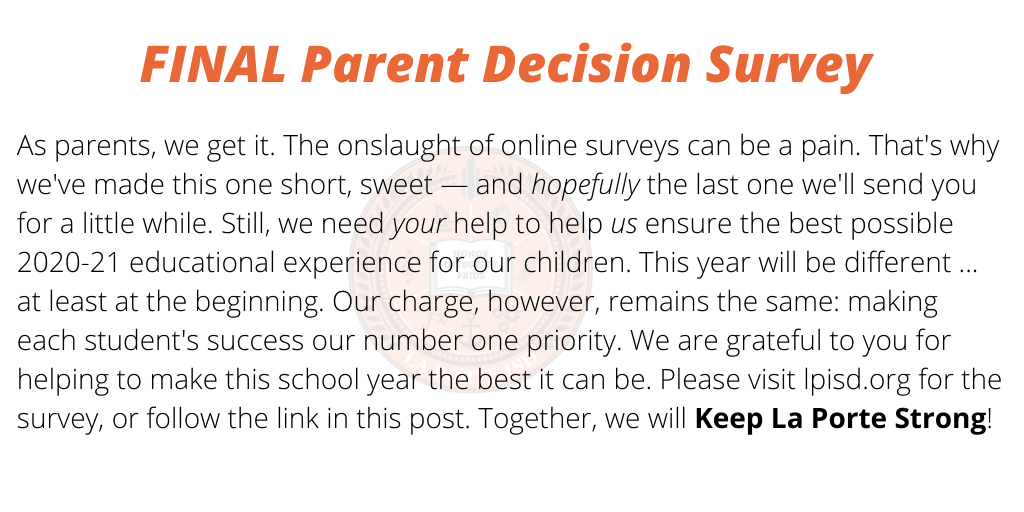 lpisd's tweet photo. Take the survey here: https://t.co/BqmVV1b7JF
#KeepLaPorteStrong https://t.co/Q2kKtxi6D8