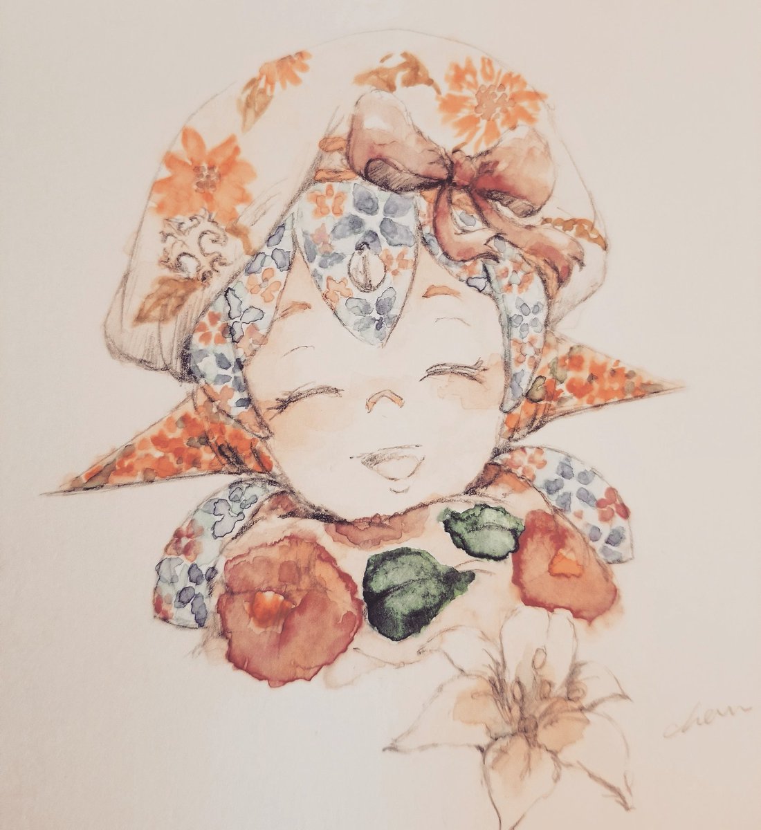 1girl solo flower closed eyes smile hat simple background  illustration images