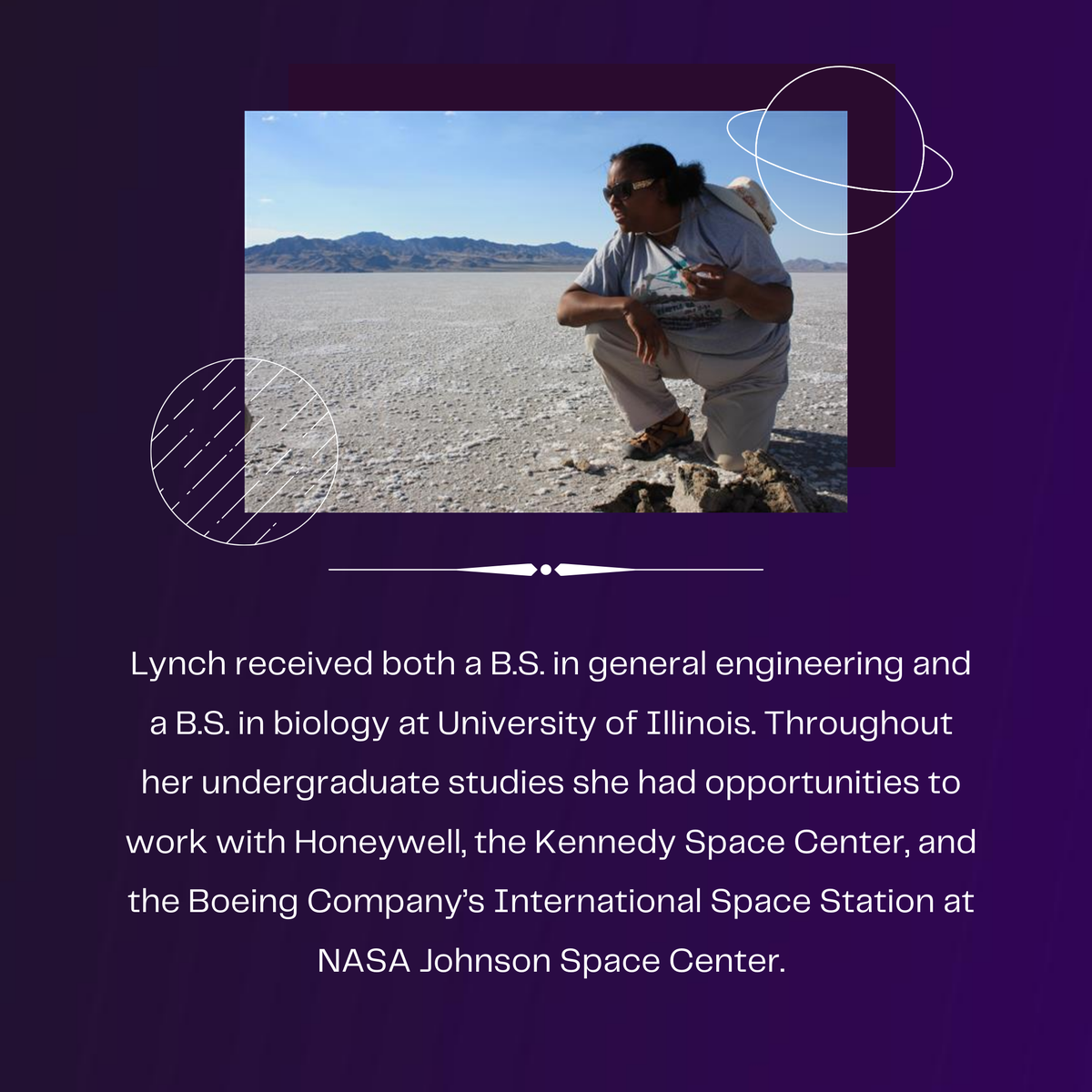BlueMarbleSpace's tweet photo. Next we are highlighting Dr. Kennda L. Lynch! Her dual degree background in engineering and biology allowed her to conduct research on Mars’ analog environments. This has made Lynch’s research relevant to the Mars 2020 mission.🛰🌟 Check our IG for more about Lynch! #BlackInAstro https://t.co/pwXBeC71WI