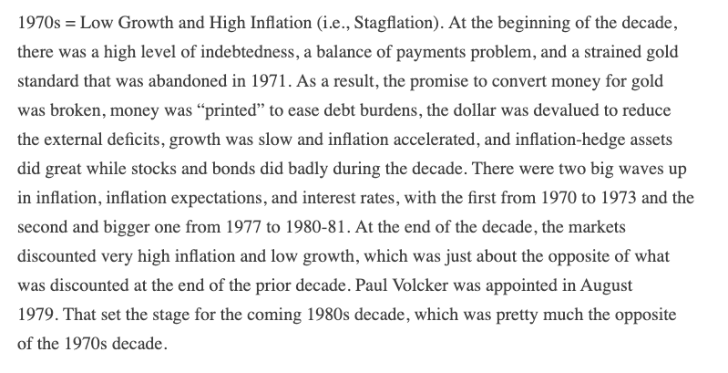 Not that I'm much of a fan of Dalio but thought this post was a masterpiece.  https://www.linkedin.com/pulse/paradigm-shifts-ray-dalioOften just re-read it as gives a great overview of market history