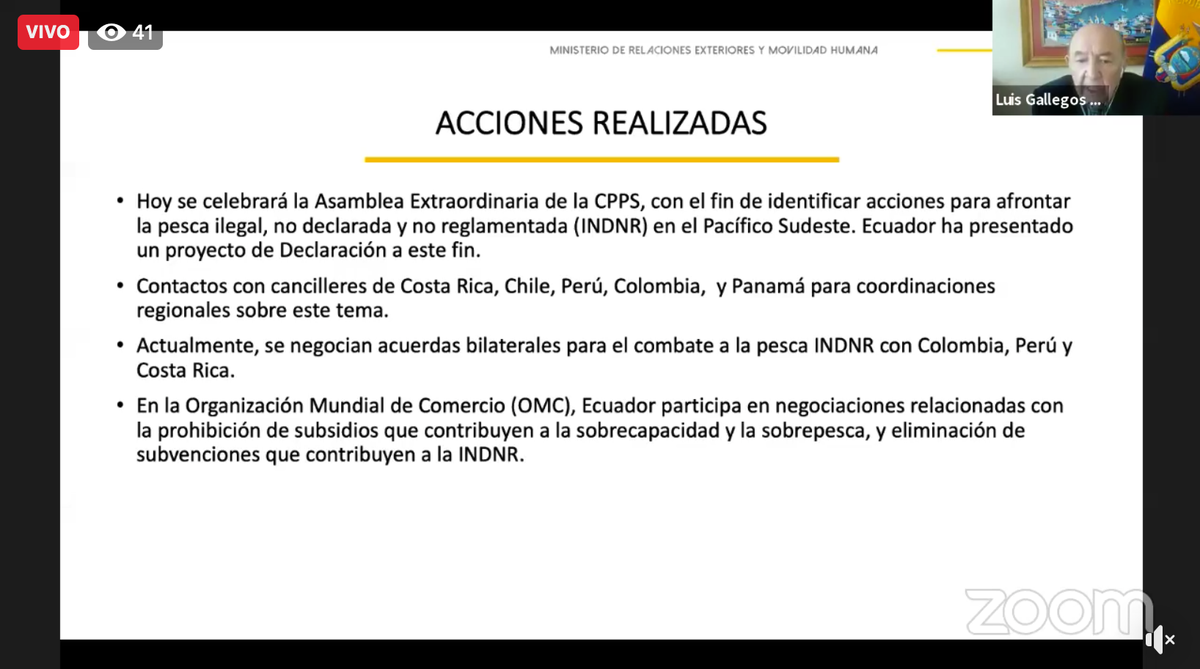 “Hoy se celebrará la Asamblea Extraordinaria de la CPPS, con el fin de identificar acciones para afrontar la pesca ilegal, no declarada y no reglamentada en el Pacífico Sudeste. Ecuador ha presentado un proyecto de Declaración con este fin”. #DiplomaciaActiva