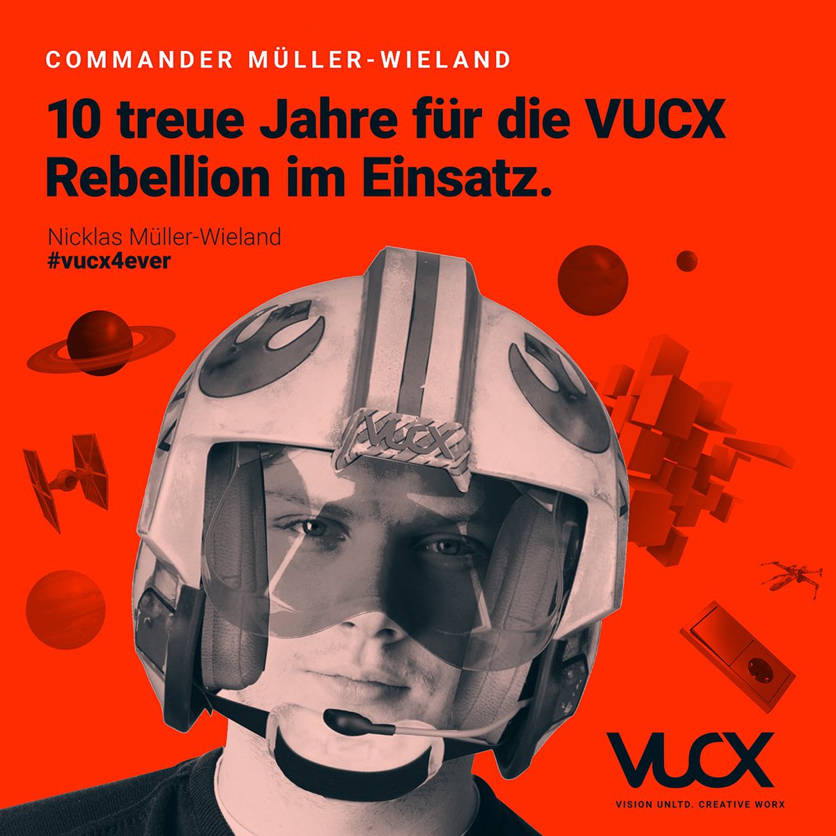 vucxDE's tweet photo. 10 years a VUCX - thanks Nicklas Müller-Wieland for your great work, your good sense of humor and your unflappable tranquility when it comes to tight deadlines. May the force always be with you! #TeamVUCX #CGI #3D #AgencyCologne https://t.co/iRoSeaQ0aR
