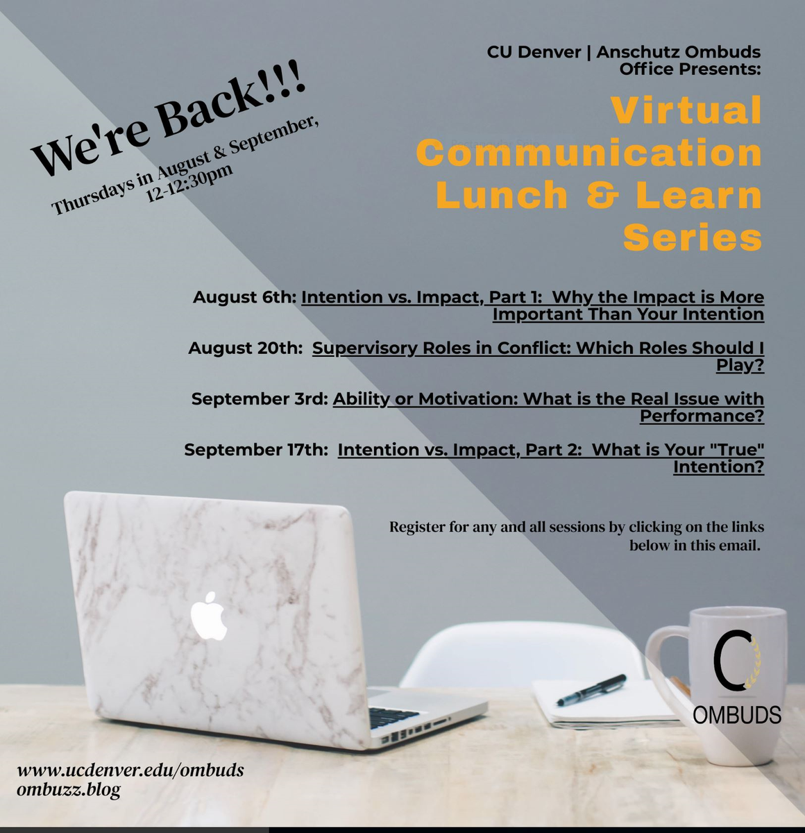 Our Lunch and Learn series kicks off once again tomorrow at 12:00pm MT! Join us by registering here: ucdenver.zoom.us/webinar/regist…