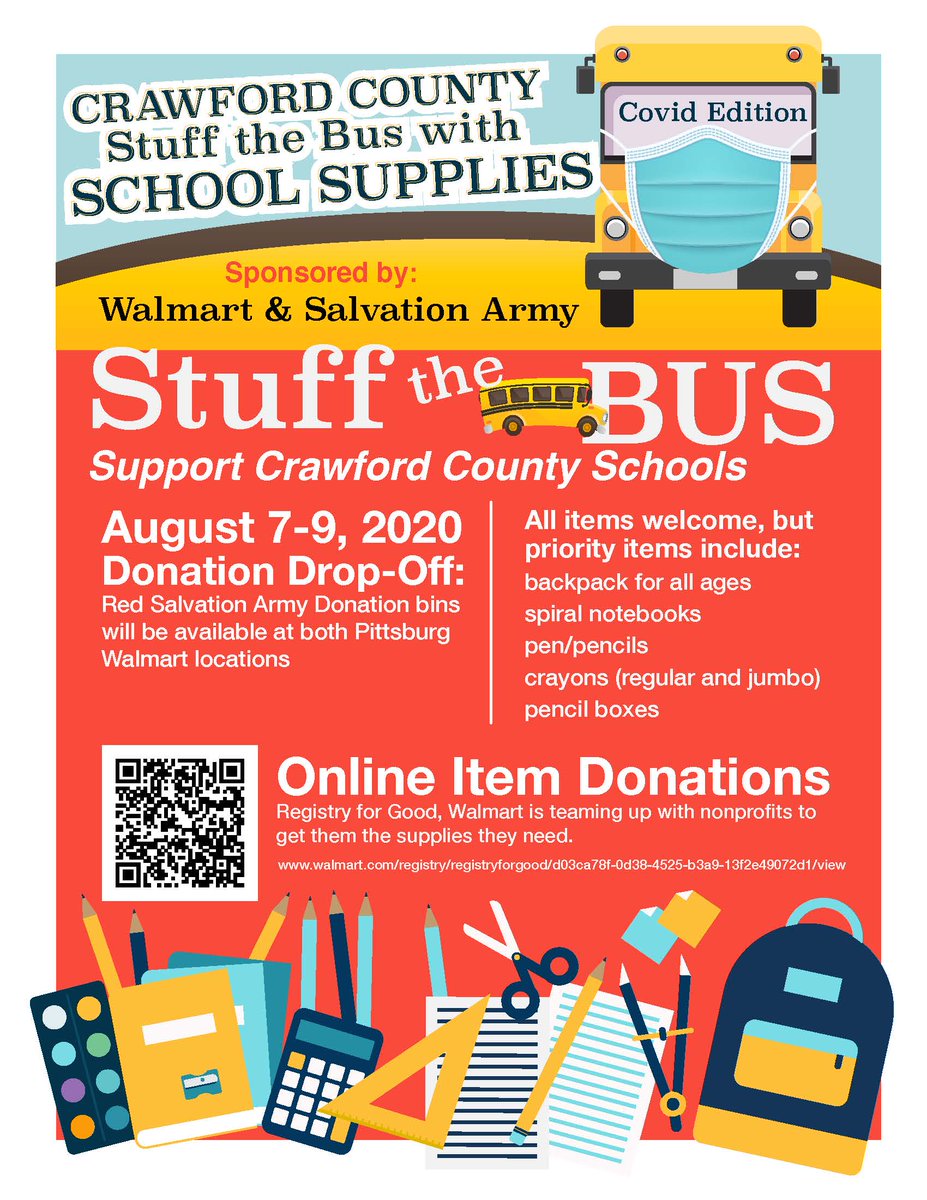 The Salvation Army and Walmart Stuff the Bus with School Supplies Campaign will be August 7-9. The Crawford County Sheriff's Office in Girard will also be a donation bin location starting today and will run through this Friday from 8-4. Thank you for supporting local schools.