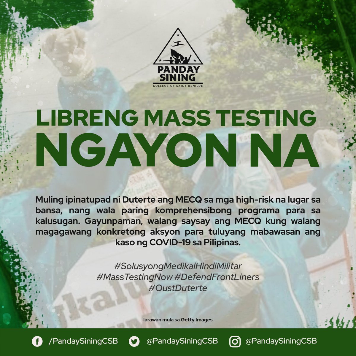 PSMalate's tweet image. LIBRENG MASS TESTING, NGAYON NA!

#OustDuterte #MassTestingNow #DefendFrontLiners #SolusyongMedikalHindiMilitar 

READ FULL STATEMENT: bit.ly/2EUp0a7