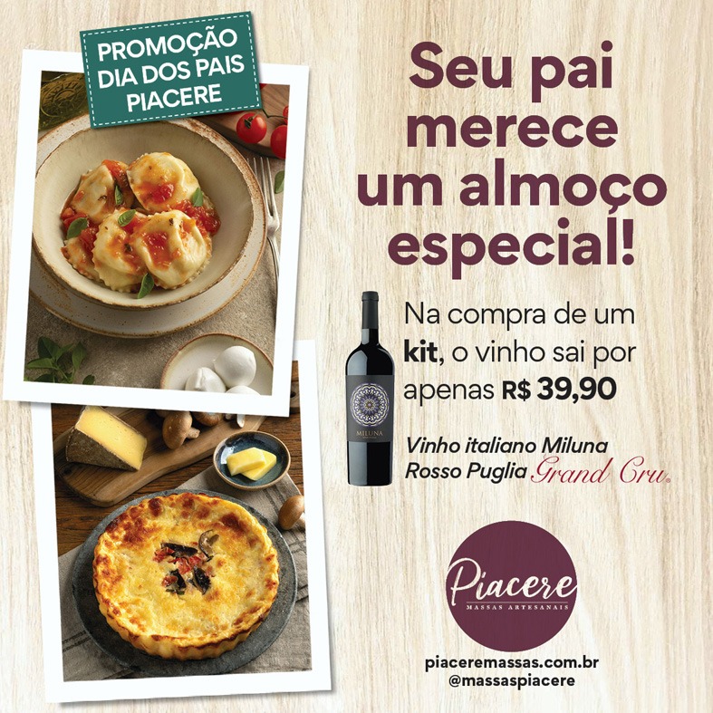 piaceremassas's tweet photo. Que tal um almoço prático e sofisticado neste Dia dos Pais? A Piacere, sempre pensando em você,  preparou 5 kits para tornar a ocasião mais especial. E não esquecemos do vinho: um super italiano da @grandcruvinhos , Miluna Rosso de Puglia para tornar seu prazer mais completo! https://t.co/PUA7gcrnOP
