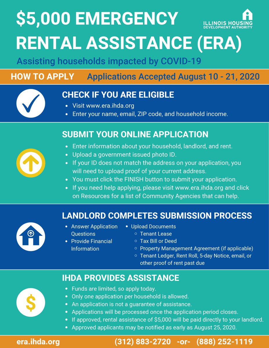 Emergency Rental Assistance program will give renters impacted by COVID-19 $5,000 for back rent and prepay through 2020 (until funds are exhausted) <a href="/ILHousing/">Illinois Housing</a> will accept apps from Aug. 10 - Aug. 21! There are 61 orgs + HCP  who can help you fill out the app! Please share!