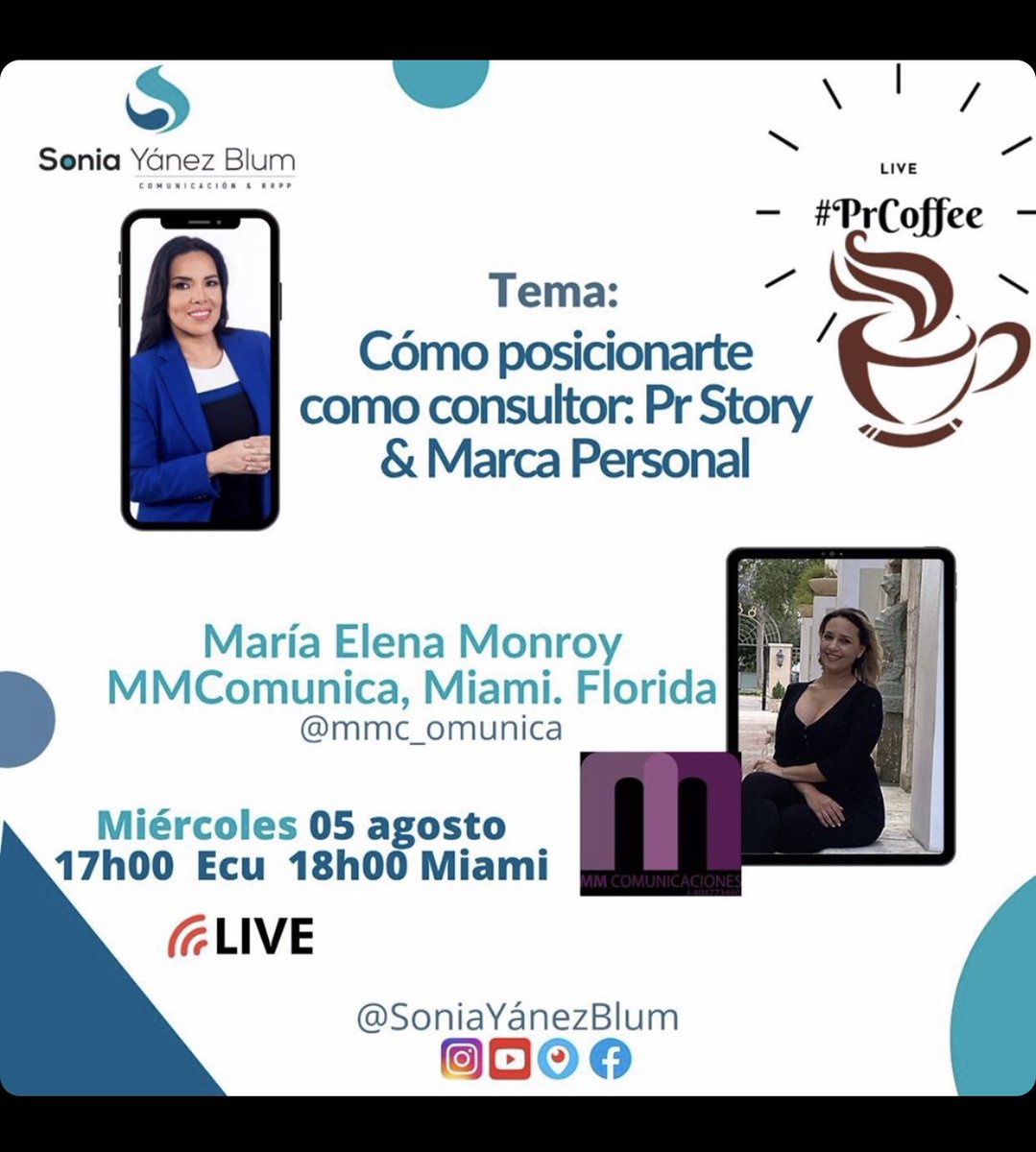 mm_comunica's tweet photo. Te invito hoy #5Ago Con Sonia @soniayanezblum de Ecuador 🇪🇨 para hablar de las cualidades de un consultor; ambas vamos a compartir nuestra experiencia en Corporaciones y con el manejo de clientes.
.
Te esperamos HOY miércoles #5Ago a las 6:00 pm Mía-Caracas IG LIVE @mm_comunica https://t.co/XN0Vn9rCui