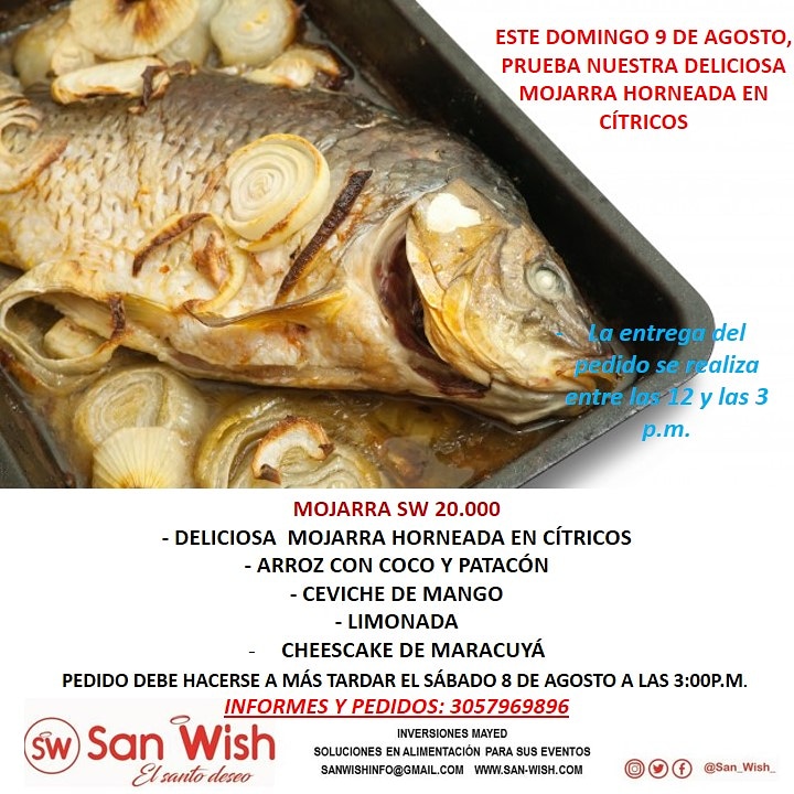 San_Wish_'s tweet photo. Deliciosa mojarra horneada en cítricos, para éste domingo 9 de agosto, acompañada de ceviche de mango, arroz con coco, patacón y cheesecake de maracuyá! https://t.co/Z2FgFLsWOI