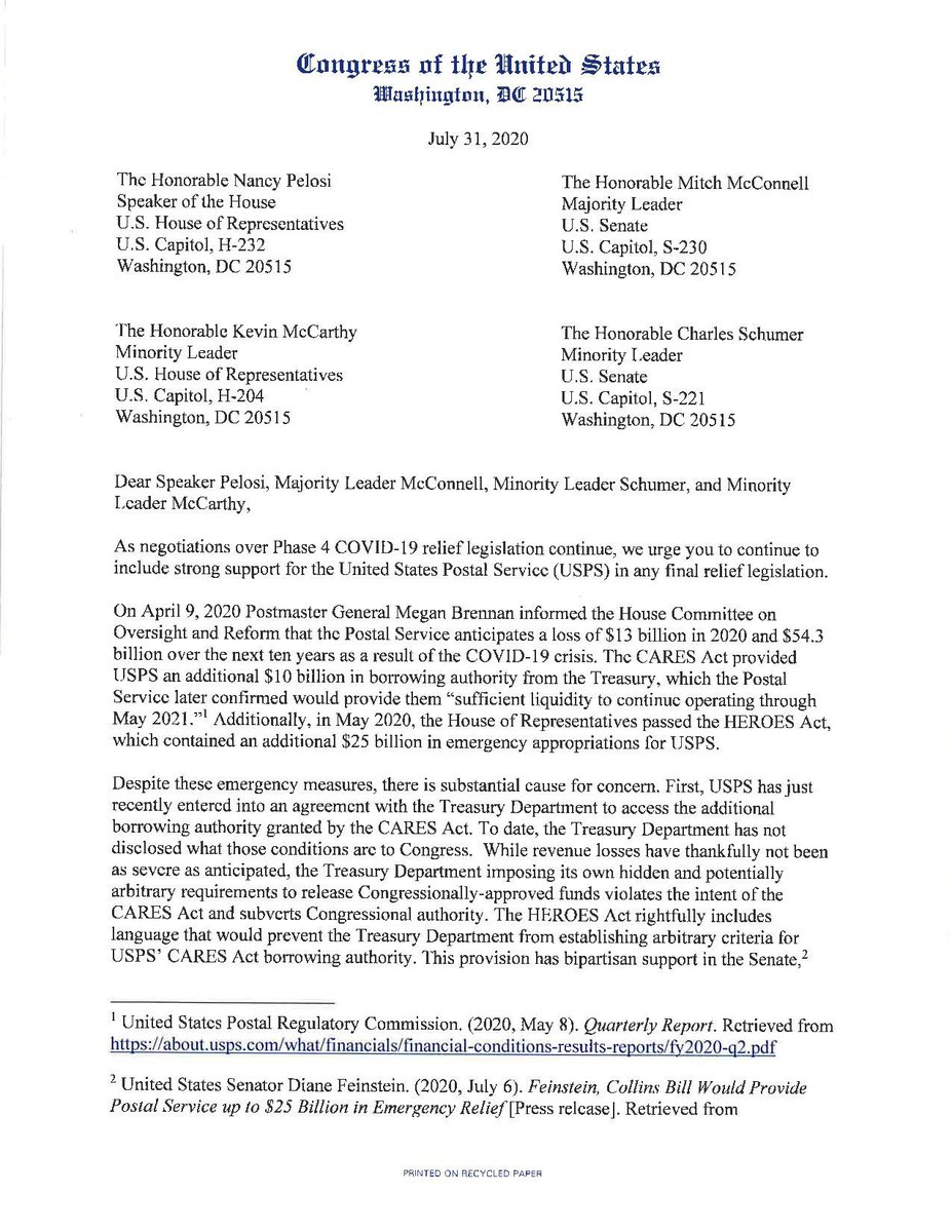 RepSwalwell's tweet photo. The @USPS is an essential service that employs nearly half a million Americans &amp; ensures that people have access to medications, mail-in ballots, &amp; other critical mail. That’s why I joined 130 of my colleagues to urge strong support for the USPS in any upcoming relief bills. https://t.co/8NYI7hZdPj
