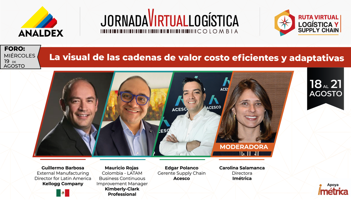 Supply_Exlog's tweet photo. El miércoles 19 de agosto en la #JornadaVirtualLogística conozca 3 grandes casos en donde la apuesta es el desarrollo de modelos enfocados a la costo-eficiencia @KelloggsLATAM @KCCorp #Acesco. Inscríbase sin costo: https://t.co/DTxPwhPWvO @AnaldexColombia @Csalamanca26 @Imetrica https://t.co/UlSSNBsgVv