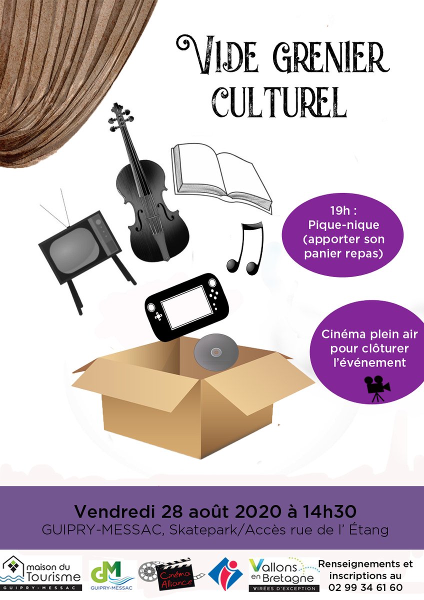 #Videgrenier culturel à #GuipryMessac ! 
Vous pourrez y trouver : livres, CD, jeux vidéos, affiches de cinéma...

14h30 à 20h
Emplacement limité à 2m

Ciné plein air : "À bord du Darjeeling Limited "