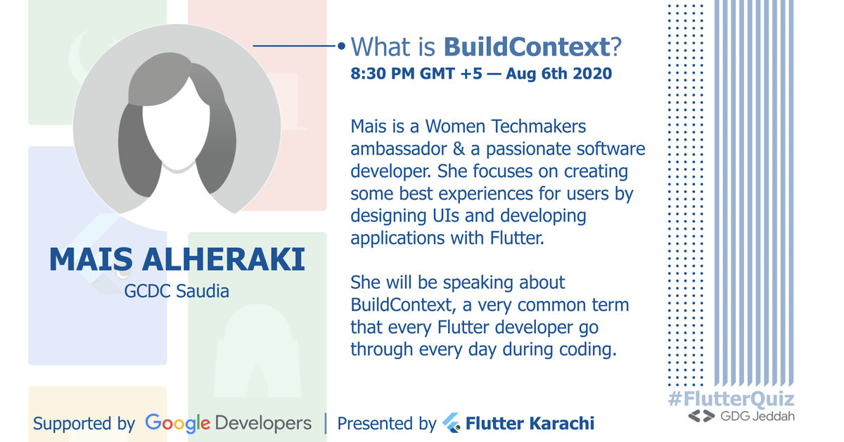 FlutterKarachi's tweet image. We have our first of the five sessions tomorrow by @pr_Mais! We will be live on our Facebook Page at 8:30 PM GMT +5 👨💻
Facebook: facebook.com/flutterKarachi…
#FlutterQuiz