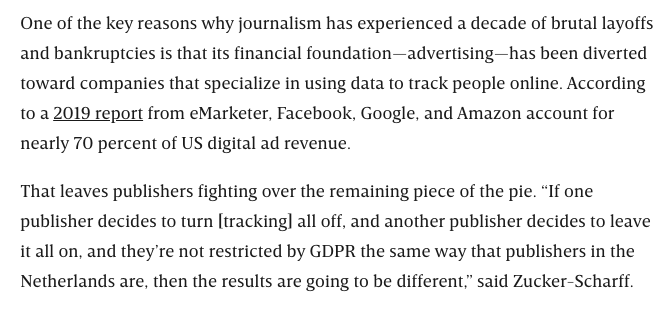 More from  @Chronotope. “If one publisher decides to turn [tracking] all off, and another publisher decides to leave it all on, and they’re not restricted by GDPR the same way that publishers in the Netherlands are, then the results are going to be different." I made this... /9