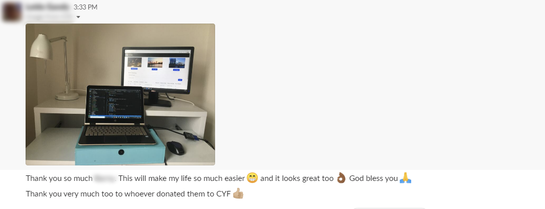 CodeYourFuture's tweet photo. We're sorry to see you close @HackManchester 

We want to give a massive thank you for your donation of monitors and laptops. Thanks especially from one of our students who is learning to code using a donated monitor. https://t.co/m0XjO1zQbt
