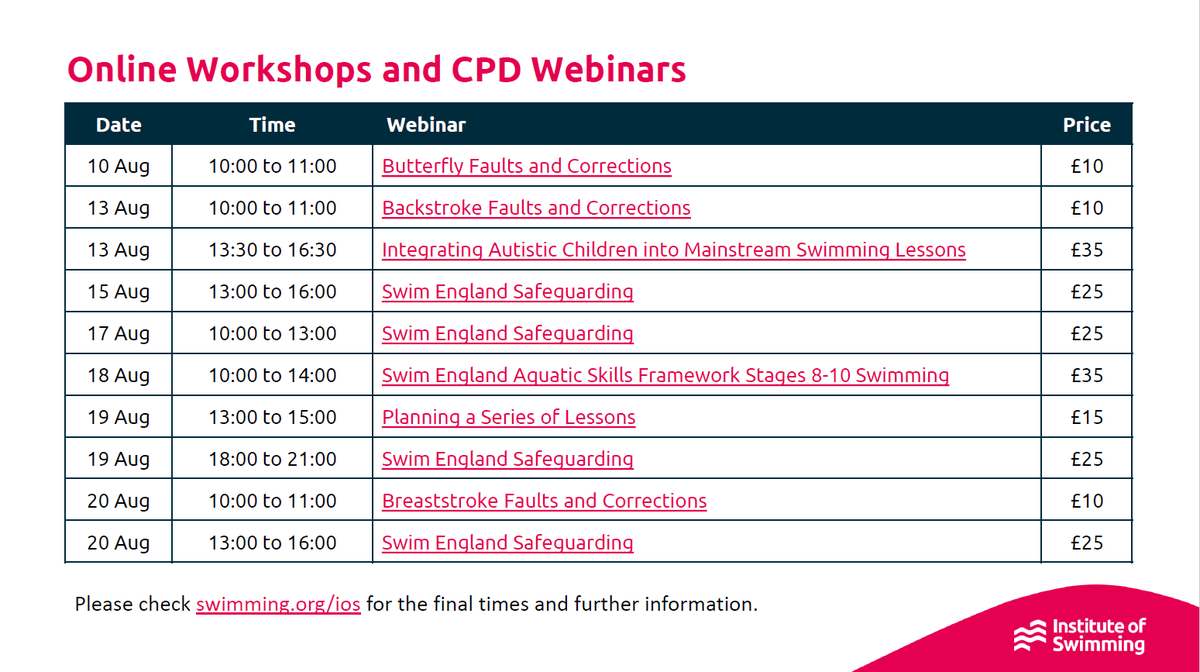 We have lots of CPD webinars and workshops coming up!
You can download our timetable here: swimming.org/ios/online-wor…

Our top picks are:
🔸<a href="/Swim_England/">Swim England</a> Aquatic Skills Framework Stages 8 to 10 Swimming - 18 Aug
🔸 Our series of Faults and Corrections workshops at just £10 each.