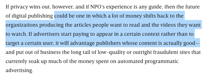 So yes, enhanced privacy laws and technical innovations, that raise bar equally, minimize FB/G's tracking to the services which consumers have choice to use, may shift revenues to where the public's trust/choice/value actually exists.  @GiladEdelman absolutely nails it here. /11