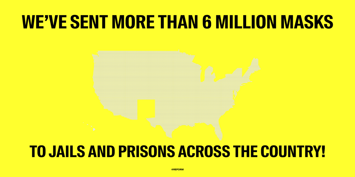 REFORM's tweet photo. GREAT NEWS: We’ve now sent more than 6 MILLION masks to jails &amp; prisons across the country! Thank you to @jack for your $10M #startsmall donation and to all the REFORMERS out there for your support. We’re saving lives together 💛

Track our masks here: https://t.co/nIzrmOTxVH https://t.co/bGAdADWyt6