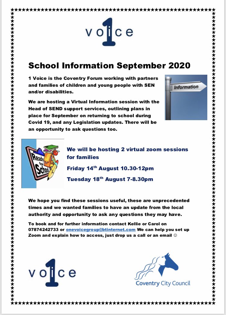 coventry_one's tweet photo. We are hosting 2 sessions for Coventry families via zoom with Head of SEND support services to update you on key information returning to school in September, opportunities to ask questions too. A daytime and evening session,hope you can make one 😊
#getinvolved
#letsparticipate https://t.co/m6GSBO13Cq