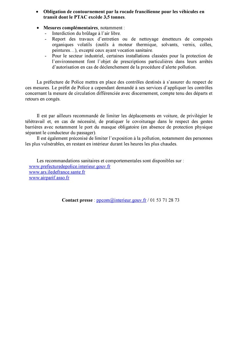 prefpolice's tweet photo. Un épisode de pollution à l’ozone est annoncé par @Airparif pour demain. Le préfet de Police met en place des mesures restrictives de circulation ce jeudi 6 août de 5h30 à 20h.
Seuls les véhicules munis d’une vignette Crit'Air de classe 0, 1 et 2 sont autorisés à circuler. https://t.co/r8GTUR1ks1