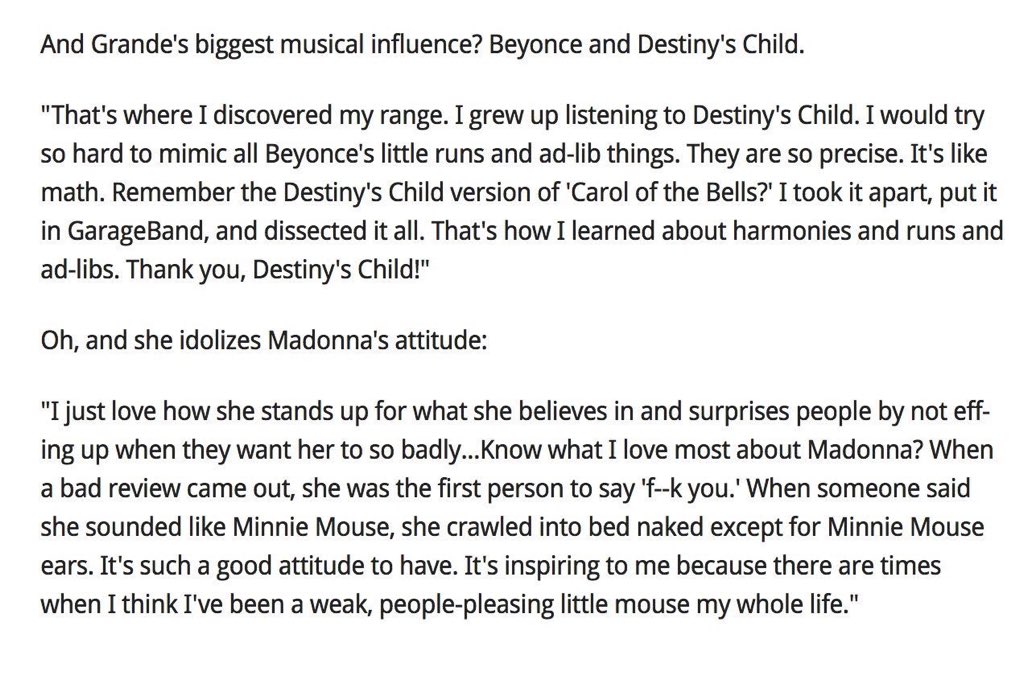 29) Ariana Grande on Beyoncé:“Madonna & Beyoncé are my favorite artists.” ( @seventeen)“Beyoncé & Destiny’s Child are my biggest influence. That’s where I discover my range.” ( @vmagazine)