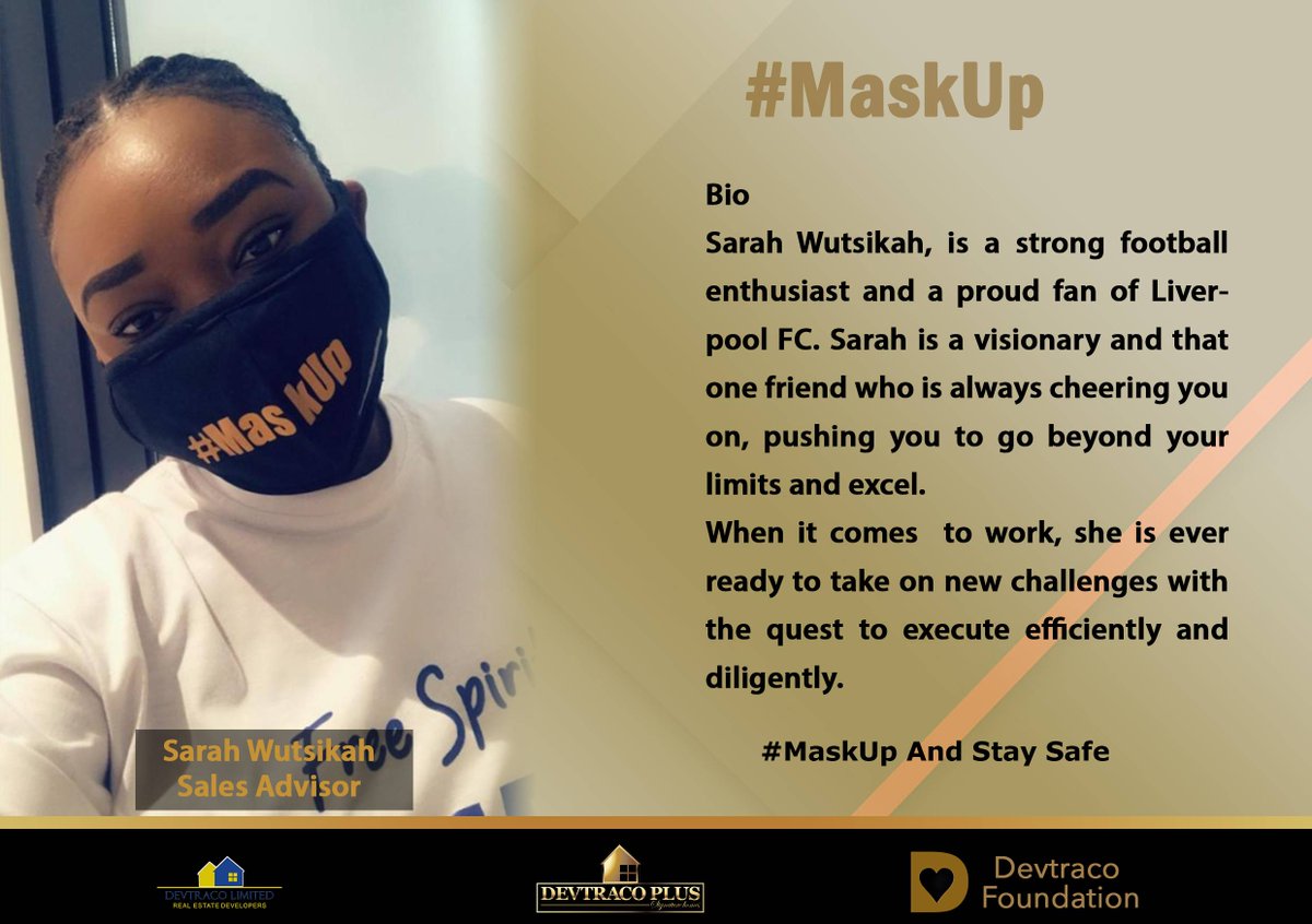 DevtracoPlus's tweet photo. #MaskUp and #StaySafe. 
Masking up today is our Sales Advisor Sarah Wutsikah. 
Please remember to always put on your mask,  and observe all other COVID-19 preventive measures to stay safe. 

#FreeMask by #DevtracoFoundation #NoMaskNoEntry #DevtracoPlus #Covid19 #MaskUp https://t.co/L0wVxbIWNt