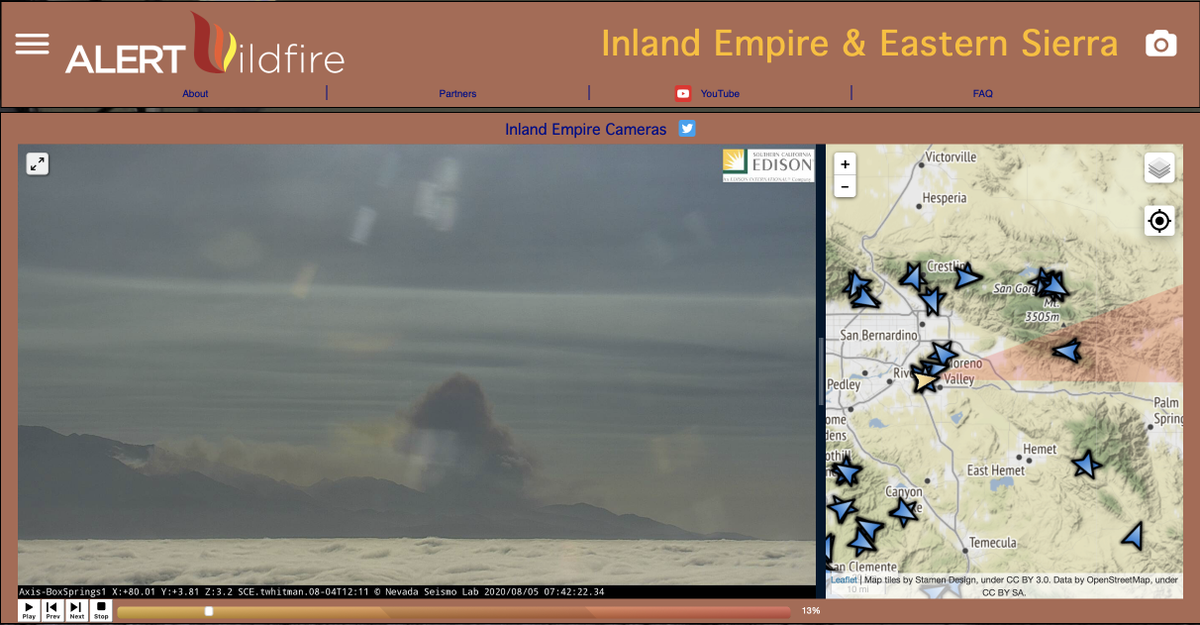 nvfirecams's tweet photo. Hotspots on the #AppleFire flair up this morning as seen  from #BoxSprings @AlertWildfire @nvfirecams. @unevadareno @UCSanDiego @uoregon https://t.co/n5CE6Omizi