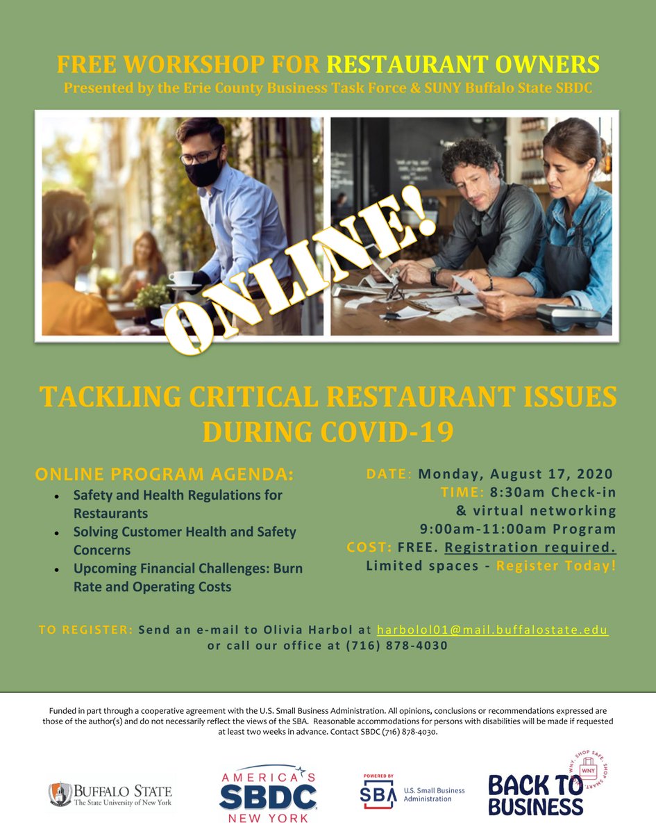 wnybacktobiz's tweet photo. Restaurant Owners! Need COVID19 $$ Advice? Erie County Biz Task Force &amp; SUNY Buff State Small Biz Dev Center Present:

#restaurantowners #FREEWEBINAR! #COVID19 #smallbusinessTips @nysbdc @buffalostate 

Mon Aug 17 830am-11am FREE - registraion required. https://t.co/oUBHS9jNRs