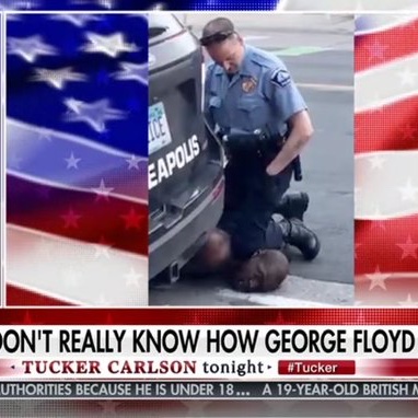 chrislhayes's tweet photo. The enormous American flag in the background of an image of a white policeman kneeling on the neck of a black man makes this image look like 20th century Soviet propaganda. https://t.co/MXhr8zoVPb