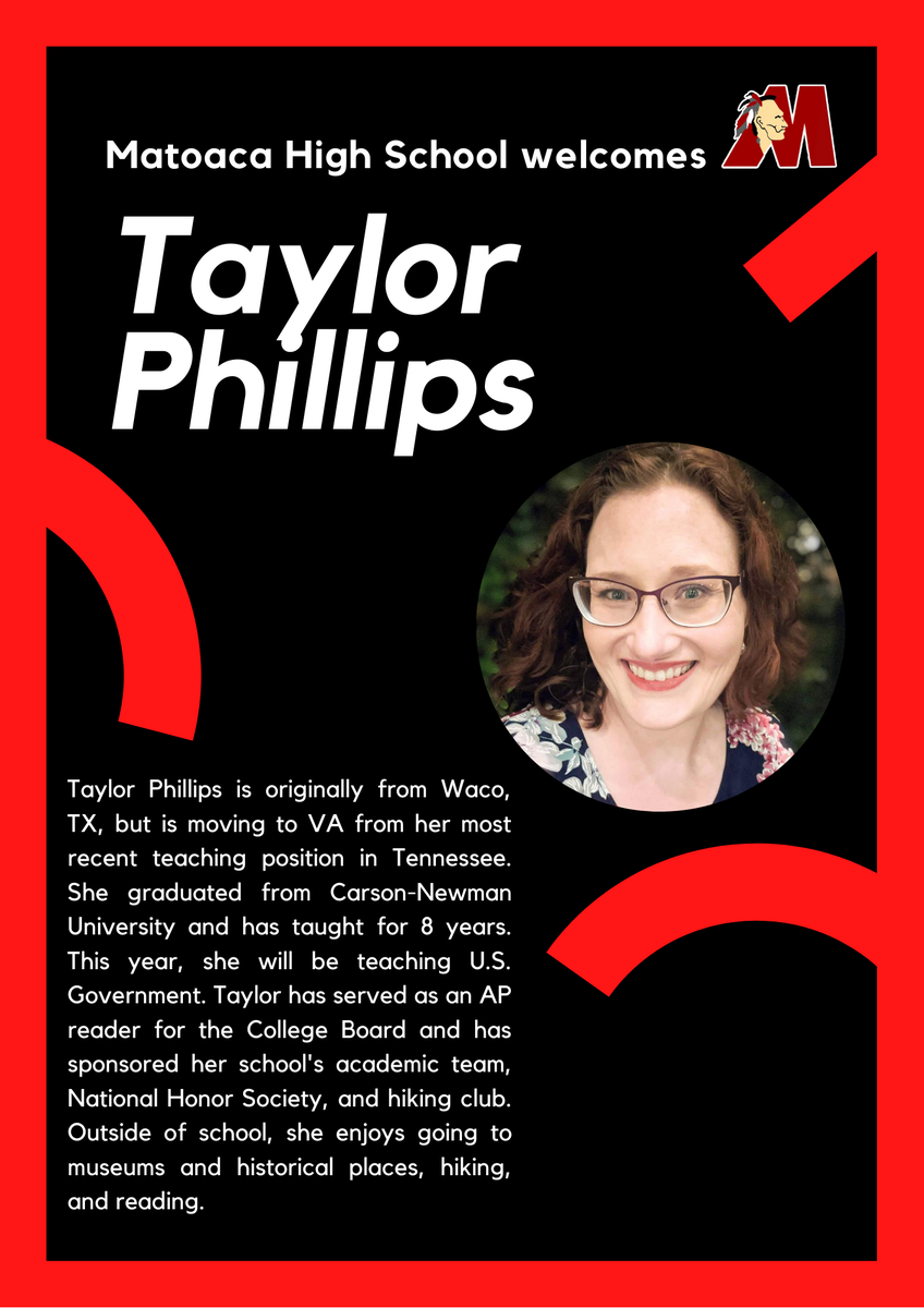 Matoaca High School (@matoacahighs) on Twitter photo Matoaca welcomes Taylor Phillips to the Warrior faculty!
<a href="/ElizabethSBaber/">Elizabeth Baber</a> <a href="/matoacahsathlet/">Matoaca Athletics</a> Matoaca welcomes Taylor Phillips to the Warrior faculty!
<a href="/ElizabethSBaber/">Elizabeth Baber</a> <a href="/matoacahsathlet/">Matoaca Athletics</a>