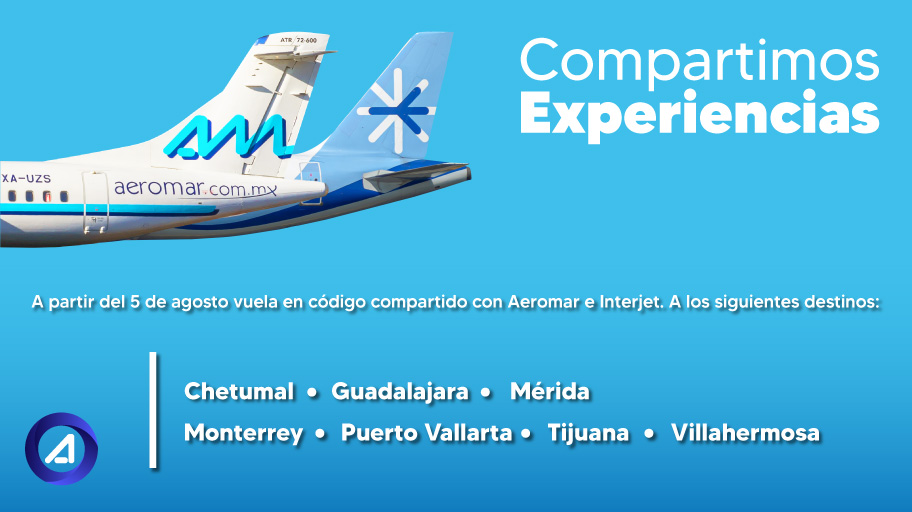 AeromarMx's tweet photo. Disfruta y viaja a nuestros 7 nuevos destinos en código compartido con @interjet.
Entra a 👉 https://t.co/QscFA1kEWz
#LaExperienciaDeVolar https://t.co/ilvJZy5Kws