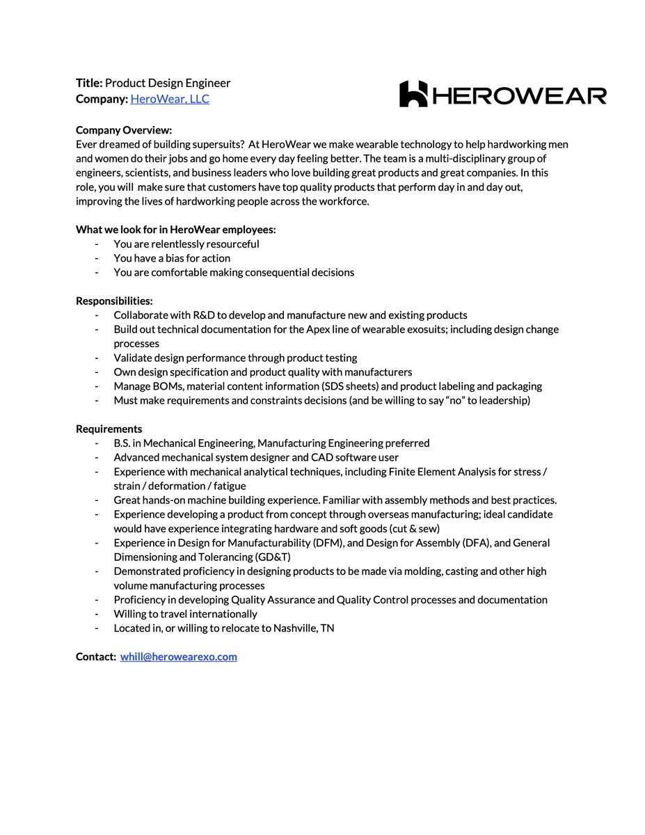 KarlZelik's tweet photo. 🚨 Another job alert 🚨
In addition to the postdoc & engineer openings in @CREATEatVandy...
@HeroWearExo is also hiring a Product Design Engineer
#exoskeleton #exosuit #ExoForAll #productdesign #engineer #jobopening https://t.co/USlLanLCz3