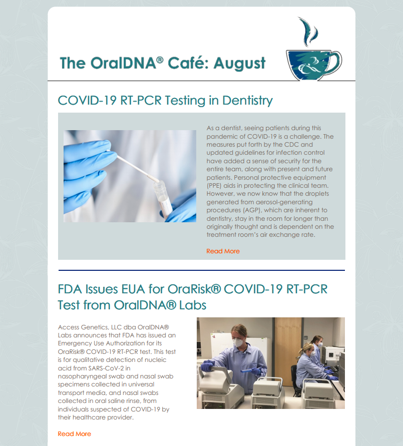 OralDNA's tweet photo. EXTRA! 📰 EXTRA! 📰 The August OralDNA® Café Newsletter Is HERE! https://t.co/vaC89AmpRz #oraldna #oraldnalabs #COVIDtesting #salivarydiagnostics #oraldnacafe https://t.co/pdeKxNtQ6l