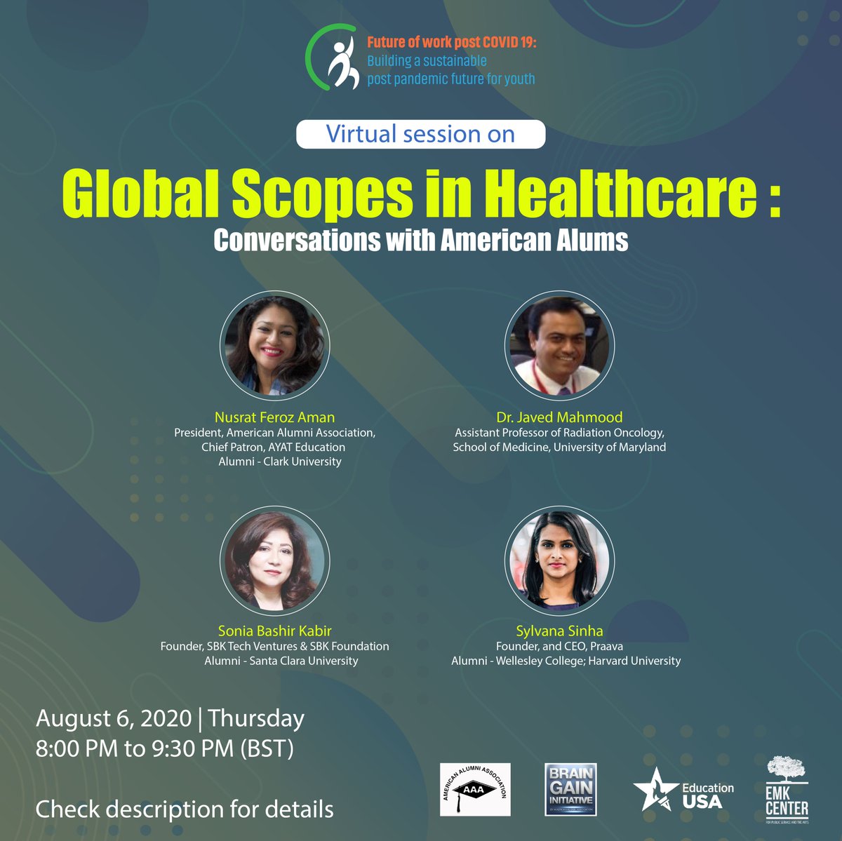 EMKCenter's tweet photo. @educationusa of the @EMKCenter is arranging a virtual session Global Scopes in Healthcare tomorrow at 08:00 pm(BST)
Register to join:
https://t.co/us74xil0Lu
#EMKCenter #EducationUSA #AAA #USUniversity #USAlumni #Healthcare #Bangladesh #Future0fWork #EmployabilityMonth https://t.co/9msSeqYH1w