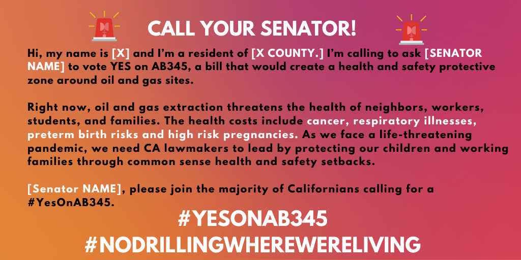 Call your state senator and tell them to say NO to sacrificing frontline communities and vote  #YESonAB 345.  @BenAllenCA  @CASenCaballero  @SenateHertzberg  @SenBenHueso  @SenHannahBeth  @billmonning  http://bit.ly/2XtcTHC 