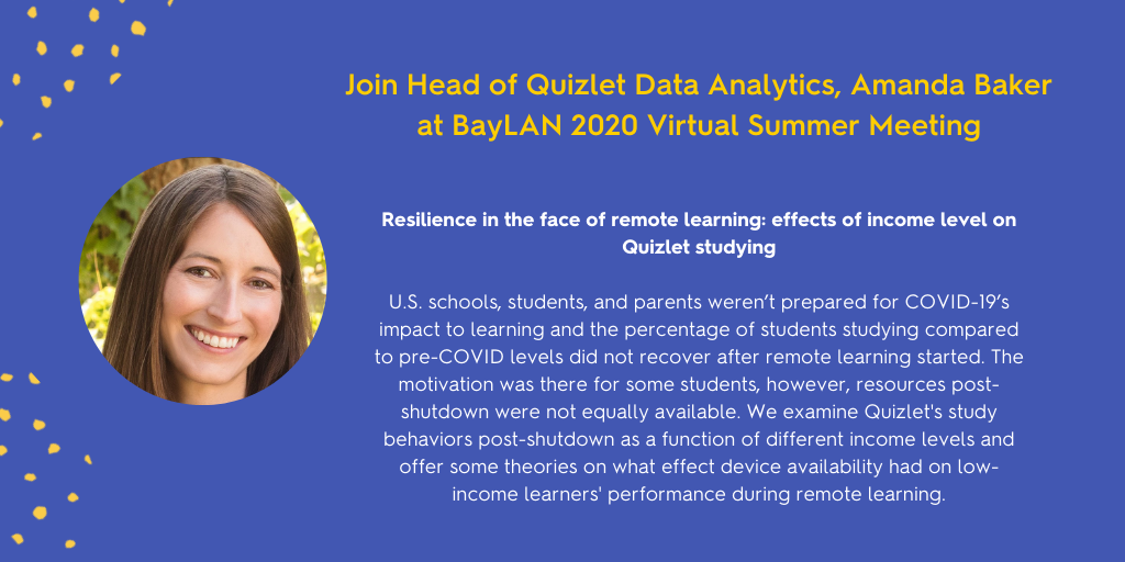 quizlet's tweet photo. Join our Head of Data Analytics, Amanda Baker,
at the 2020 @BayLAN_conf, this Thursday! ⭐️

Info &amp; registration here: https://t.co/9lgXcft2QD https://t.co/6j4D2qvvJ7